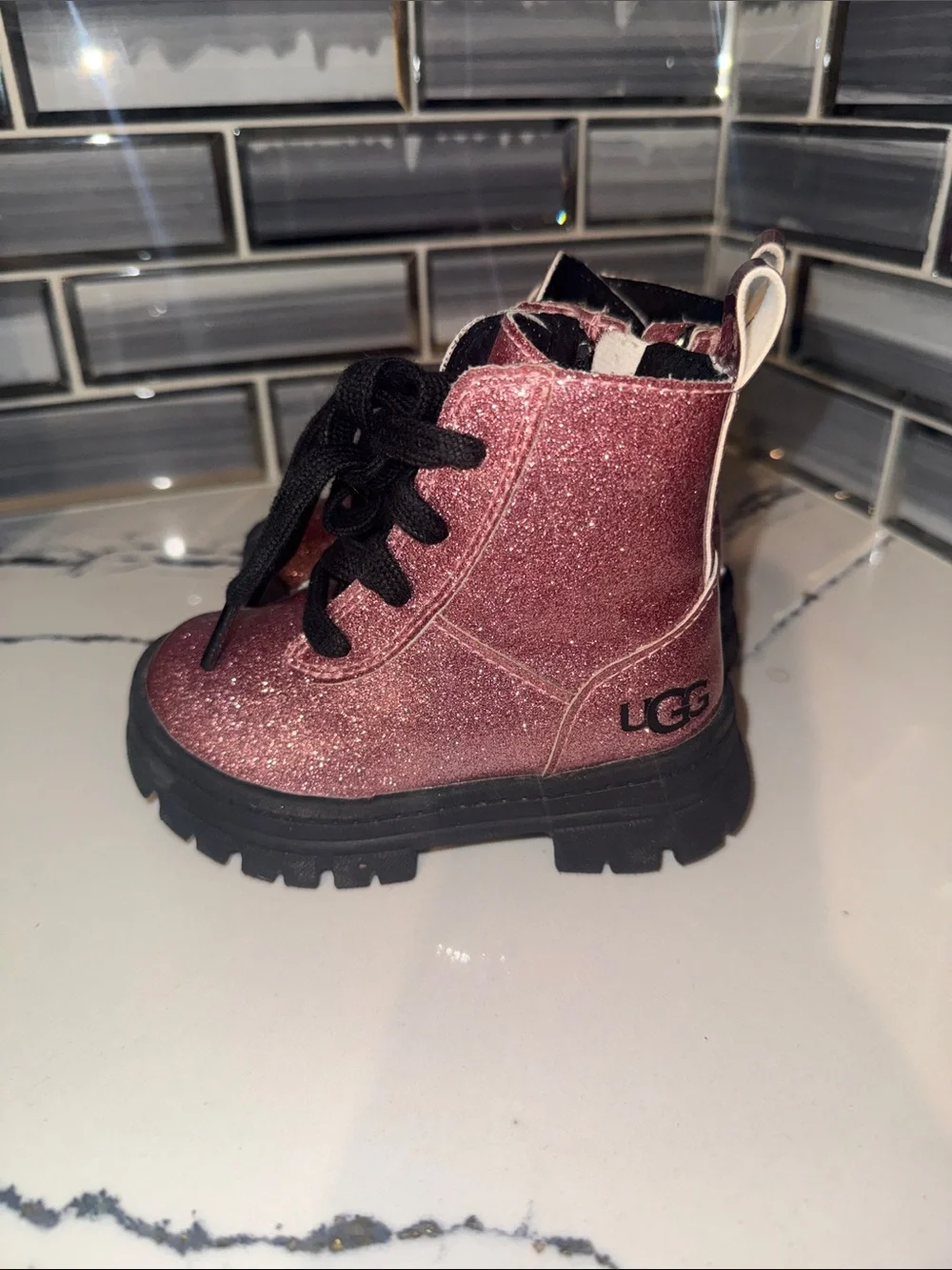UGG Kids Glitter Rose Pink Lace-Up Boots